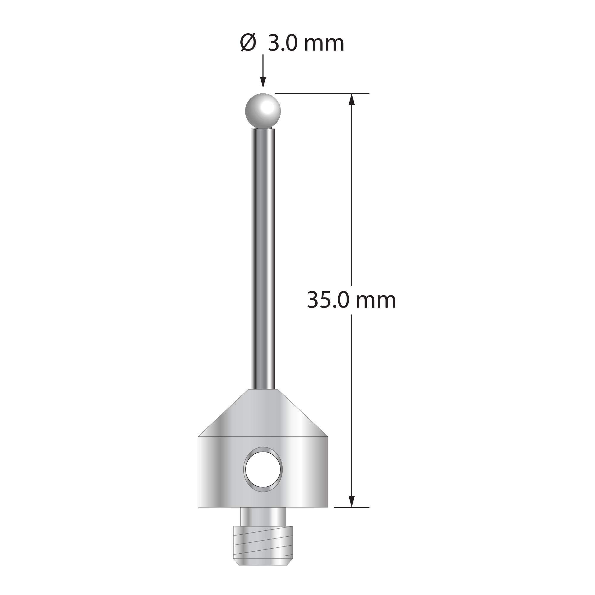 M5 stylus with 3.0 mm diameter zirconia ball, 2.0 mm diameter carbide stem, and 11.0 mm diameter x 10.0 mm long stainless steel base. Overall stylus length is 35.0 mm. Stylus weight is 6.84 grams.