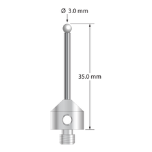 M5 stylus with 3.0 mm diameter zirconia ball, 2.0 mm diameter carbide stem, and 11.0 mm diameter x 10.0 mm long stainless steel base. Overall stylus length is 35.0 mm. Stylus weight is 6.84 grams.