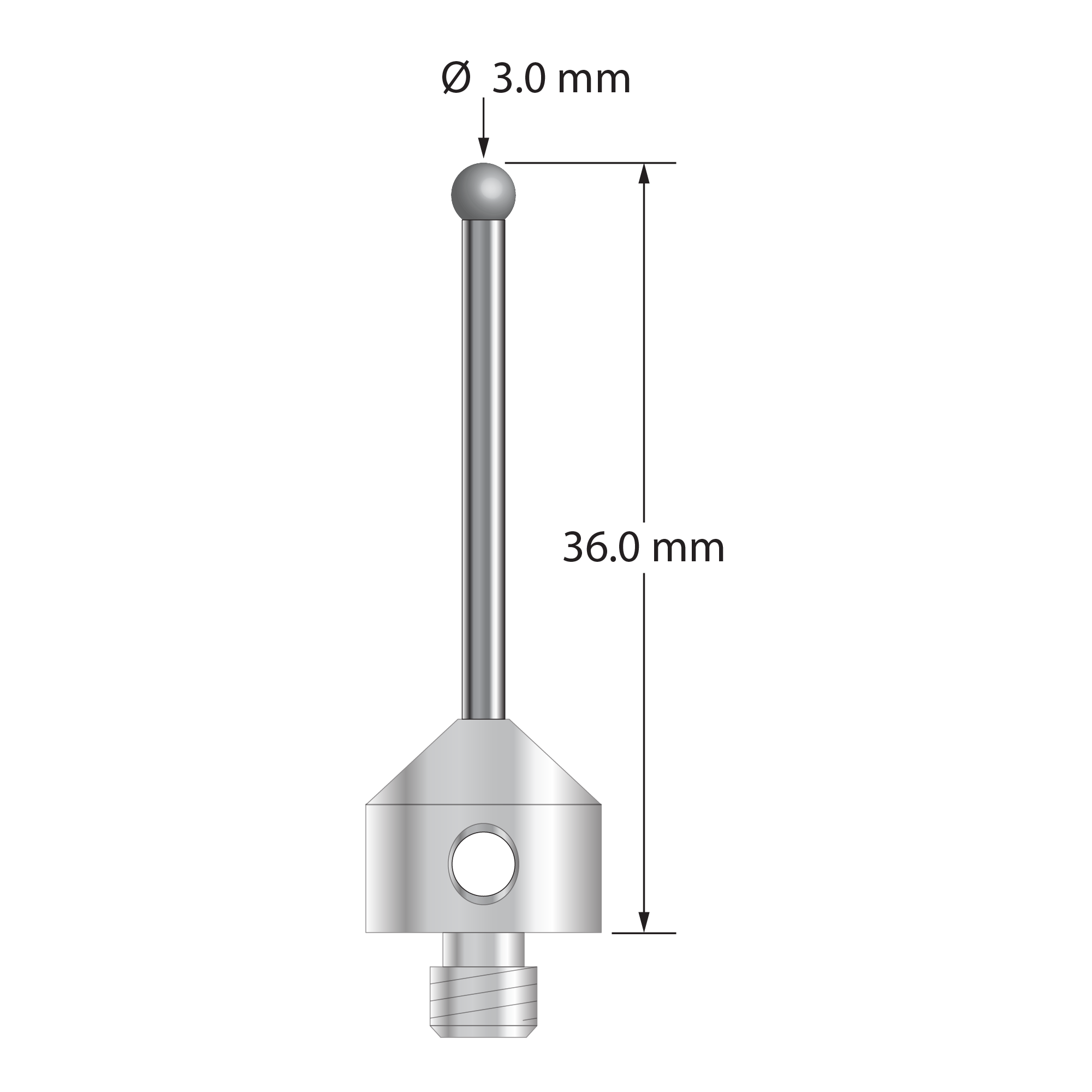 M5 stylus with 3.0 mm diameter solid diamond sphere, 2.0 mm diameter carbide stem, and 11.0 mm diameter x 10.0 mm long stainless steel base. Overall stylus length is 36.0 mm. Stylus weight is 6.88 grams. Compare to Zeiss 626115-0309-036.