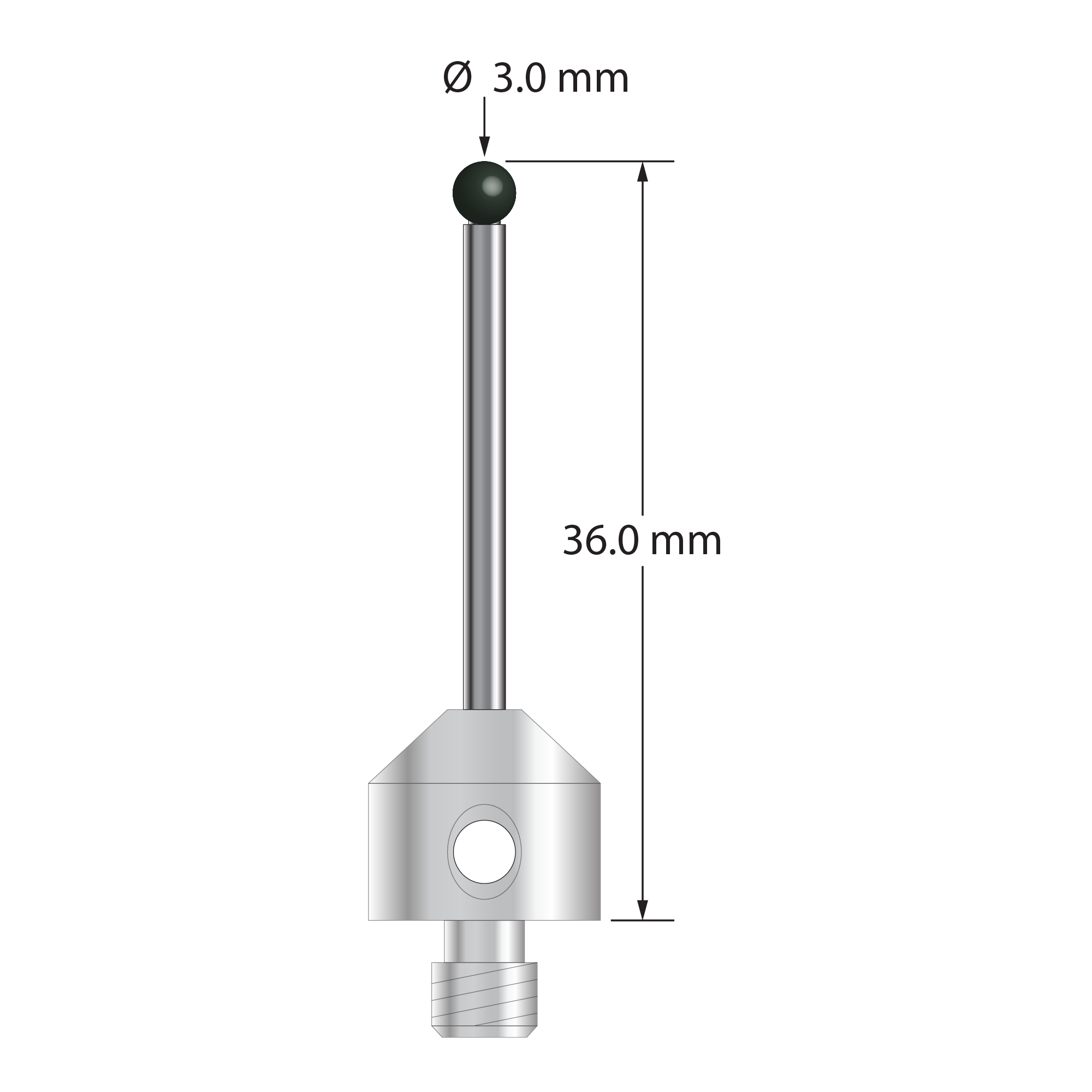 M5 stylus with 3.0 mm diameter silicon nitride ball, 2.0 mm diameter carbide stem, and 11.0 mm diameter by 10.0 mm long stainless steel base. Overall stylus length is 36.0 mm. Stylus weight is 6.89 grams. Compare to Zeiss 626105-0305-036.
