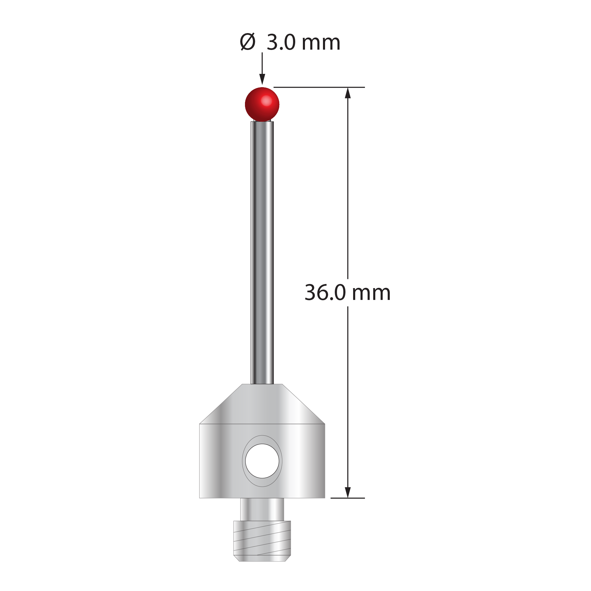 M5 stylus with 3.0 mm diameter ruby ball, 2.0 mm diameter carbide stem, and 11.0 mm diameter by 10.0 mm long stainless steel base. Overall stylus length is 36.0 mm. Stylus weight is 6.89 grams. Compare to Zeiss 626105-0304-036.
