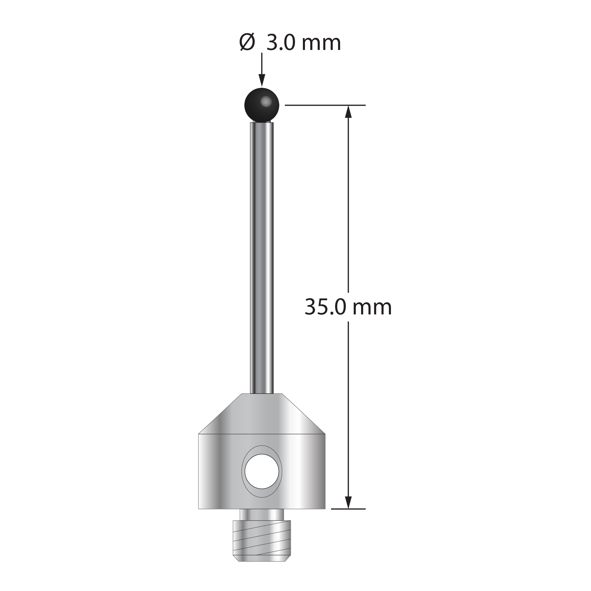 M5 stylus with 3.0 mm diameter silicon nitride ball, 2.0 mm diameter carbide stem, and 11.0 mm diameter by 10.0 mm long stainless steel base. Stylus length to ball center is 35.0 mm. Stylus weight is 6.90 grams. Compare to Hexagon 060-694-050-000.