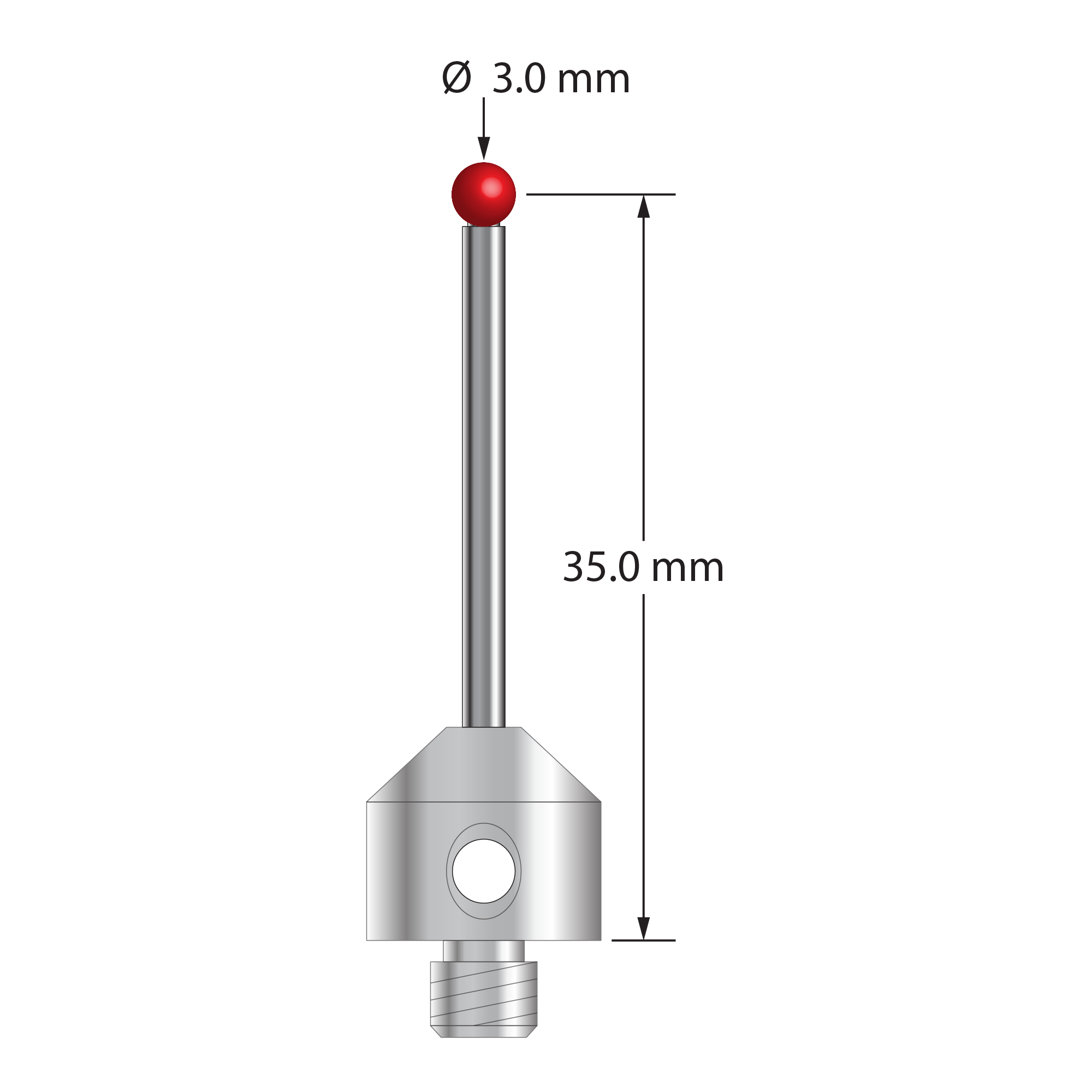 M5 stylus with 3.0 mm diameter ruby ball, 2.0 mm diameter carbide stem, and 11.0 mm diameter by 10.0 mm long stainless steel base. Stylus length to ball center is 35.0 mm. Stylus weight is 6.90 grams. Compare to Hexagon 060-694.050-000.