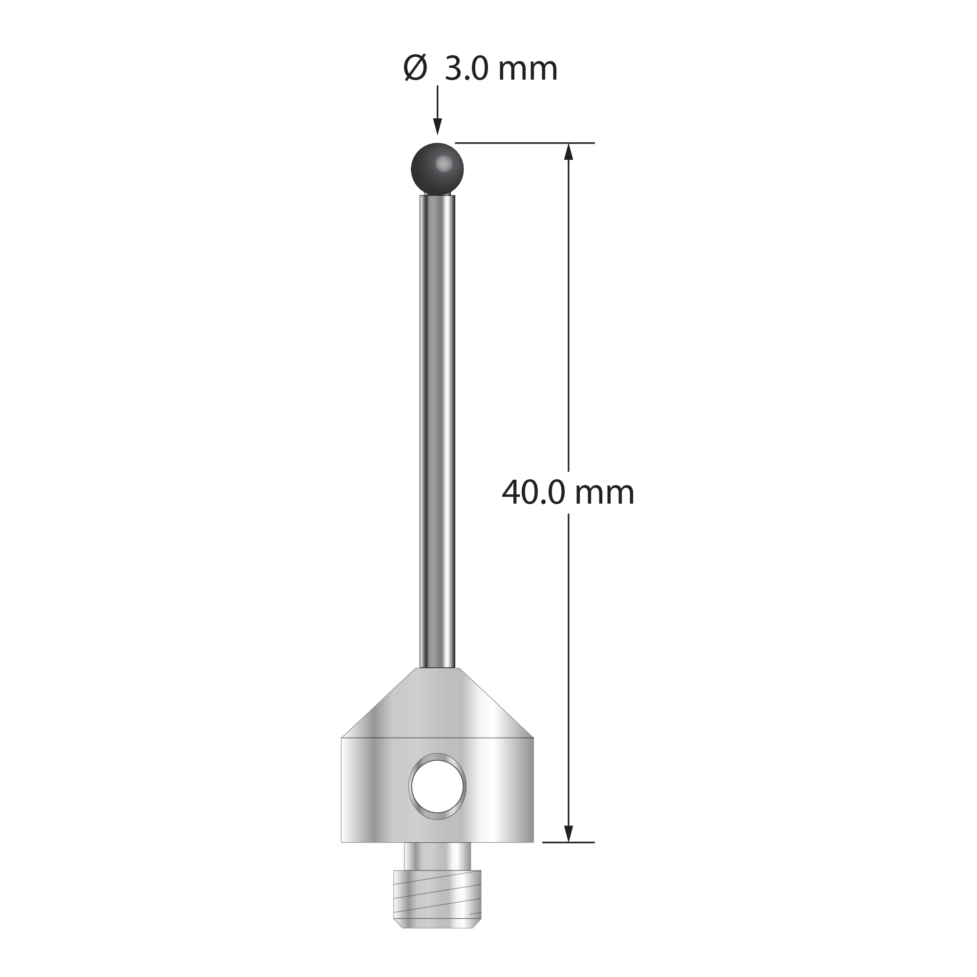 M5 stylus with 3.0 mm diameter silicon nitride ball, 2.0 mm diameter carbide stem, and 11.0 mm diameter x 10.0 mm long stainless steel base. Overall stylus length is 40.0 mm. Stylus weight is 7.06 grams. Compare to Zeiss 626115-0300-040.