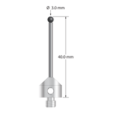 M5 stylus with 3.0 mm diameter silicon nitride ball, 2.0 mm diameter carbide stem, and 11.0 mm diameter x 10.0 mm long stainless steel base. Overall stylus length is 40.0 mm. Stylus weight is 7.06 grams. Compare to Zeiss 626115-0300-040.
