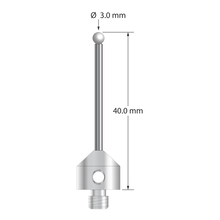 M5 stylus with 3.0 mm diameter zirconia ball, 2.0 mm diameter carbide stem, and 11.0 mm diameter x 10.0 mm long stainless steel base. Overall stylus length is 40.0 mm. Stylus weight is 7.06 grams.