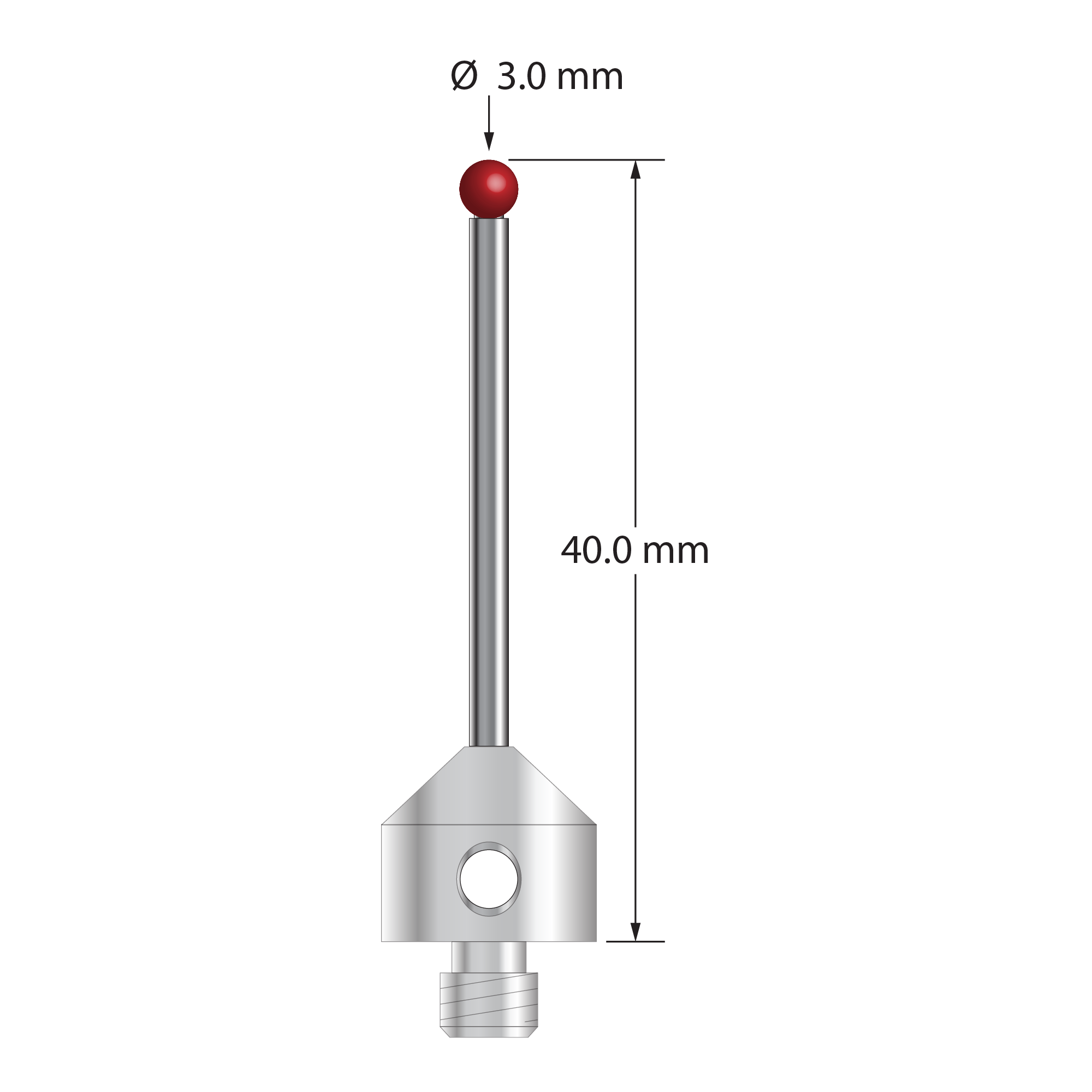 M5 stylus with 3.0 mm diameter ruby ball, 2.0 mm diameter carbide stem, and 11.0 mm diameter x 10.0 mm long stainless steel base. Overall stylus length is 40.0 mm. Stylus weight is 7.06 grams. Compare to Zeiss 626115-0301-040.