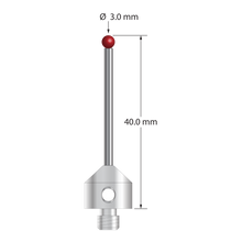 M5 stylus with 3.0 mm diameter ruby ball, 2.0 mm diameter carbide stem, and 11.0 mm diameter x 10.0 mm long stainless steel base. Overall stylus length is 40.0 mm. Stylus weight is 7.06 grams. Compare to Zeiss 626115-0301-040.