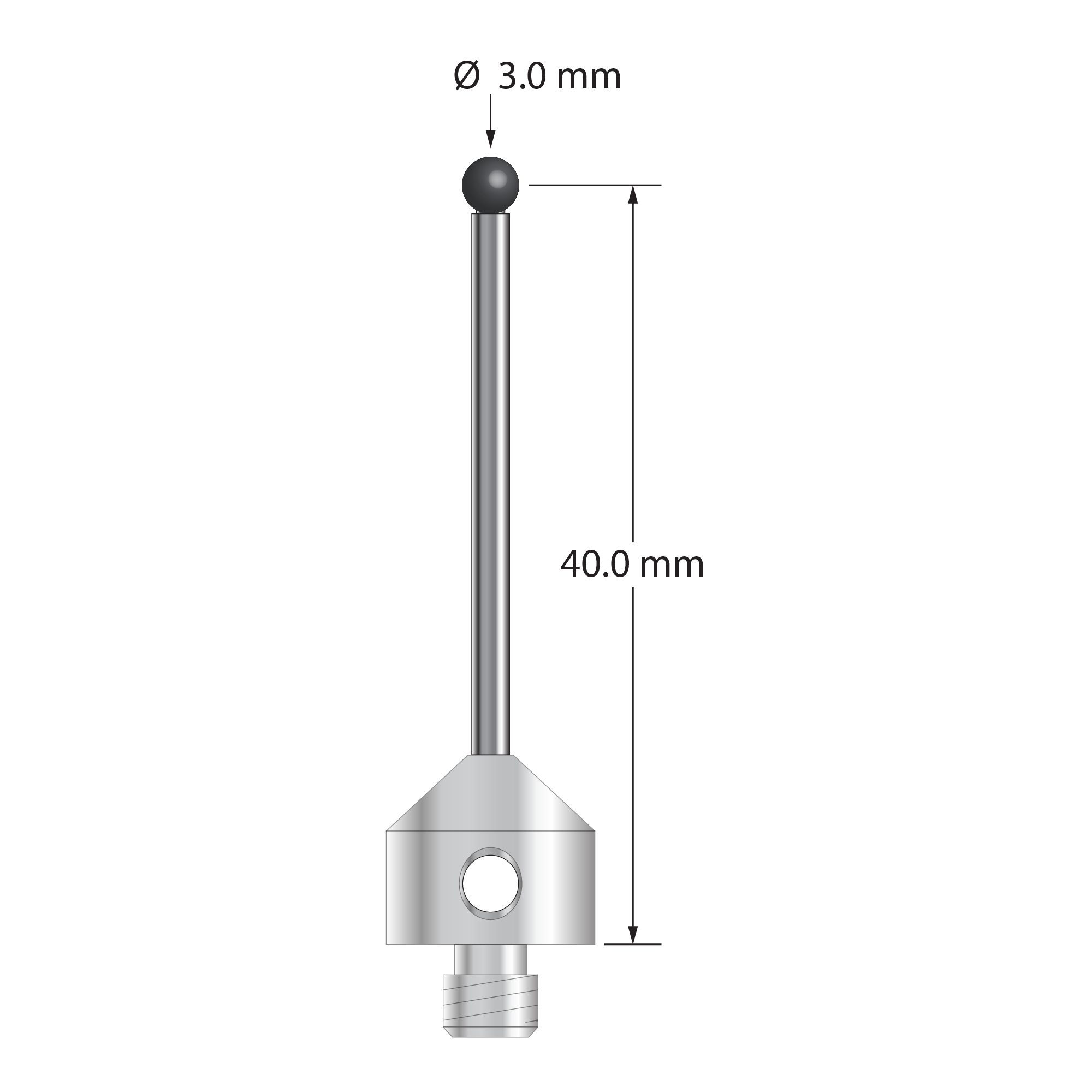M5 stylus with 3.0 mm diameter silicon nitride ball, 2.0 mm diameter carbide stem, and 11.0 mm diameter x 10.0 mm long stainless steel base. Stylus length to ball center is 40.0 mm. Stylus weight is 7.18 grams.