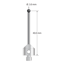 M5 stylus with 3.0 mm diameter silicon nitride ball, 2.0 mm diameter carbide stem, and 11.0 mm diameter x 10.0 mm long stainless steel base. Stylus length to ball center is 40.0 mm. Stylus weight is 7.18 grams.