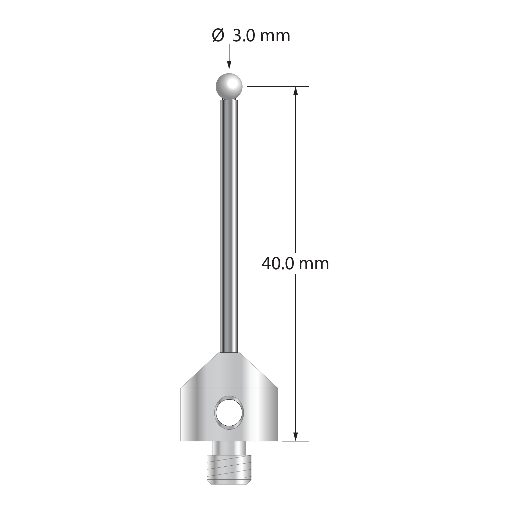 M5 stylus with 3.0 mm diameter zirconia ball, 2.0 mm diameter carbide stem, and 11.0 mm diameter x 10.0 mm long stainless steel base. Stylus length to ball center is 40.0 mm. Stylus weight is 7.18 grams.