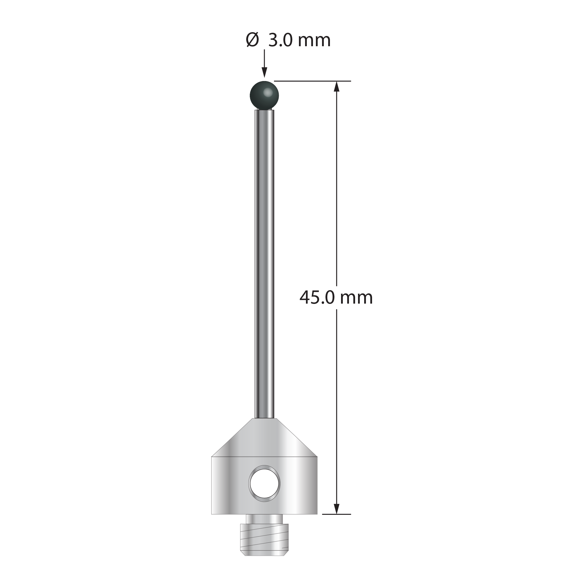 M5 stylus with 3.0 mm diameter silicon nitride ball, 2.0 mm diameter carbide stem, and 11.0 mm diameter x 10.0 mm long stainless steel base. Overall stylus length is 45.0 mm. Stylus weight is 7.28 grams.