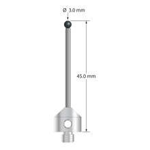 M5 stylus with 3.0 mm diameter silicon nitride ball, 2.0 mm diameter carbide stem, and 11.0 mm diameter x 10.0 mm long stainless steel base. Overall stylus length is 45.0 mm. Stylus weight is 7.28 grams.