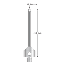 M5 stylus with 3.0 mm diameter zirconia ball, 2.0 mm diameter carbide stem, and 11.0 mm diameter x 10.0 mm long stainless steel base. Overall stylus length is 45.0 mm. Stylus weight is 7.28 grams.