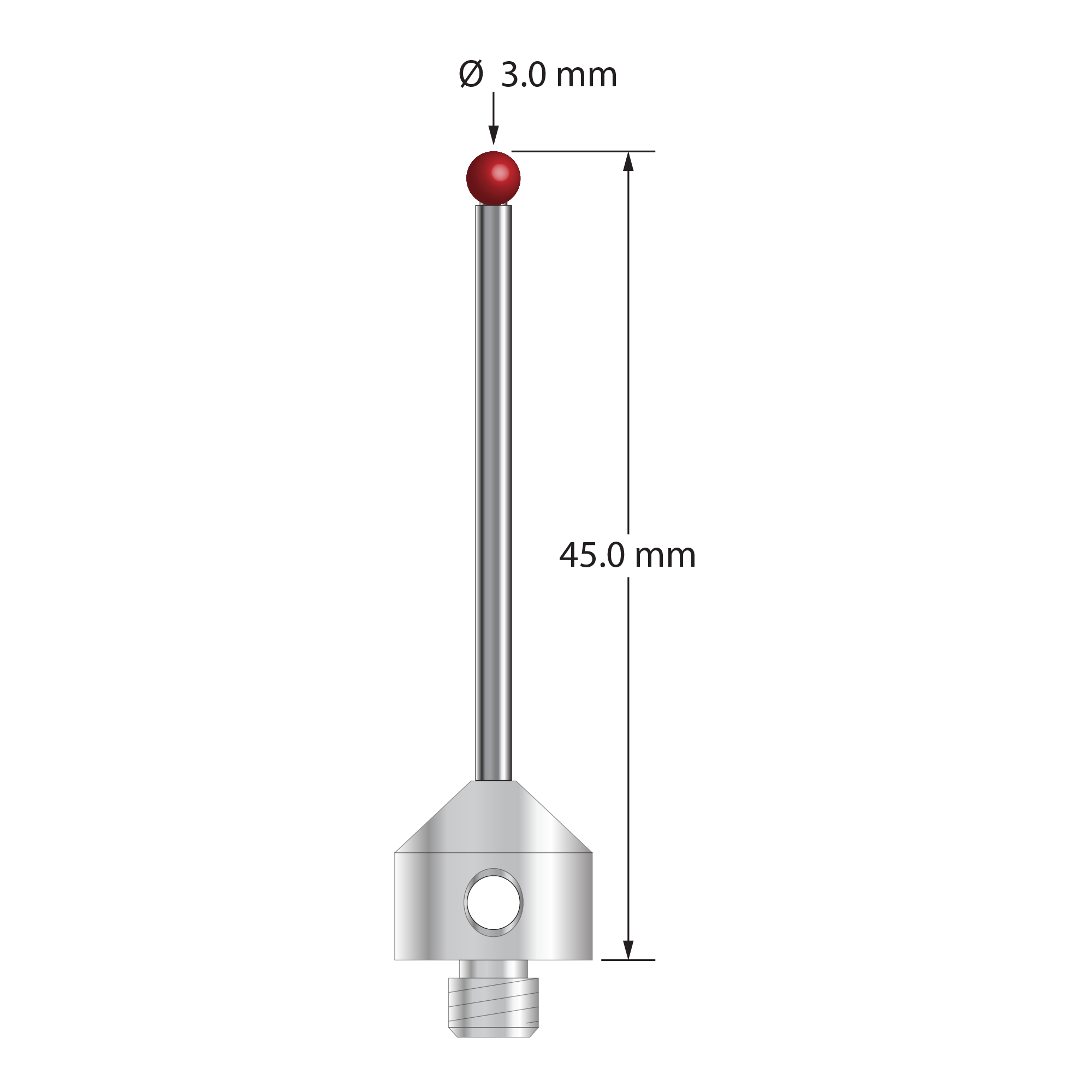 M5 stylus with 3.0 mm diameter ruby ball, 2.0 mm diameter carbide stem, and 11.0 mm diameter x 10.0 mm long stainless steel base. Overall stylus length is 45.0 mm. Stylus weight is 7.28 grams.