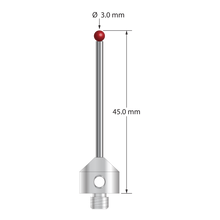 M5 stylus with 3.0 mm diameter ruby ball, 2.0 mm diameter carbide stem, and 11.0 mm diameter x 10.0 mm long stainless steel base. Overall stylus length is 45.0 mm. Stylus weight is 7.28 grams.