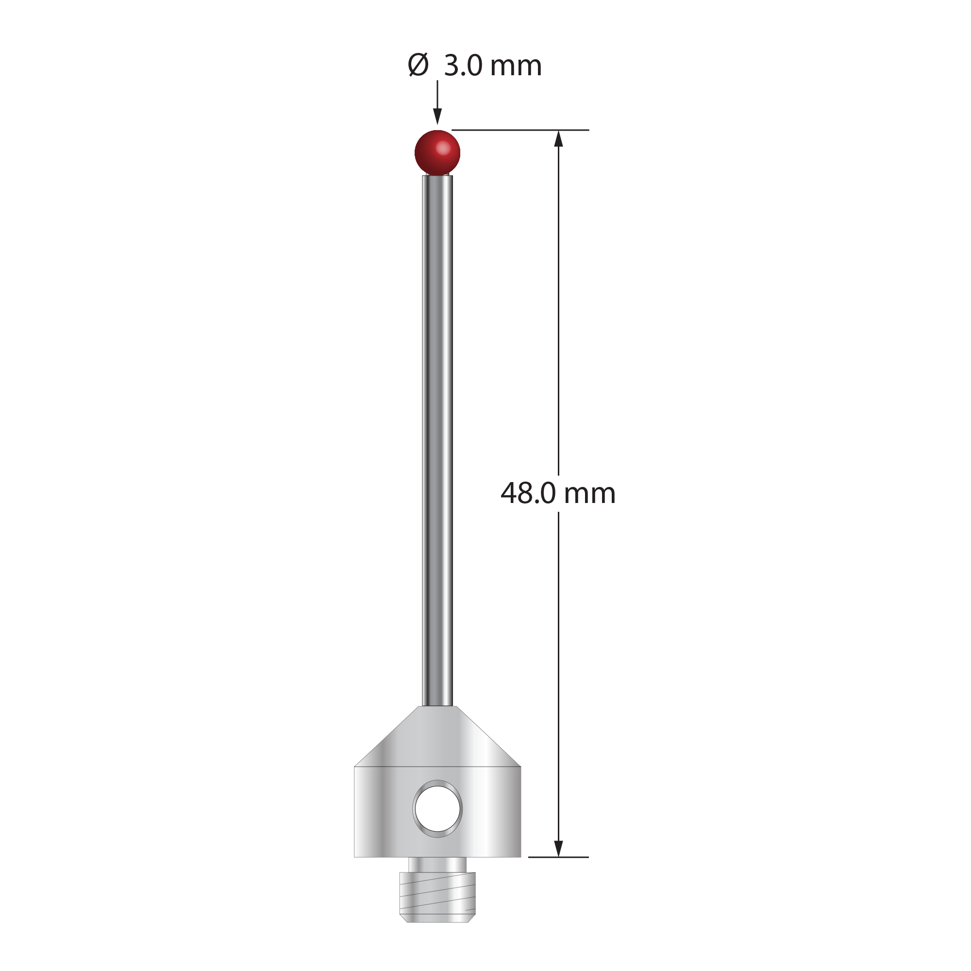 M5 stylus with 3.0 mm diameter ruby ball, 2.0 mm diameter carbide stem, and 11.0 mm diameter x 10.0 mm long stainless steel base. &nbsp;Overall stylus length is 48.0 mm. &nbsp;Stylus weight is 7.41 grams.