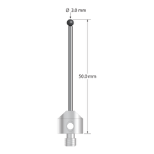 M5 stylus with 3.0 mm diameter silicon nitride ball, 2.0 mm diameter carbide stem, and 11.0 mm diameter x 10.0 mm long stainless steel base. Overall stylus length is 50.0 mm. Stylus weight is 7.50 grams. Compare to Zeiss 626115-0302-050.