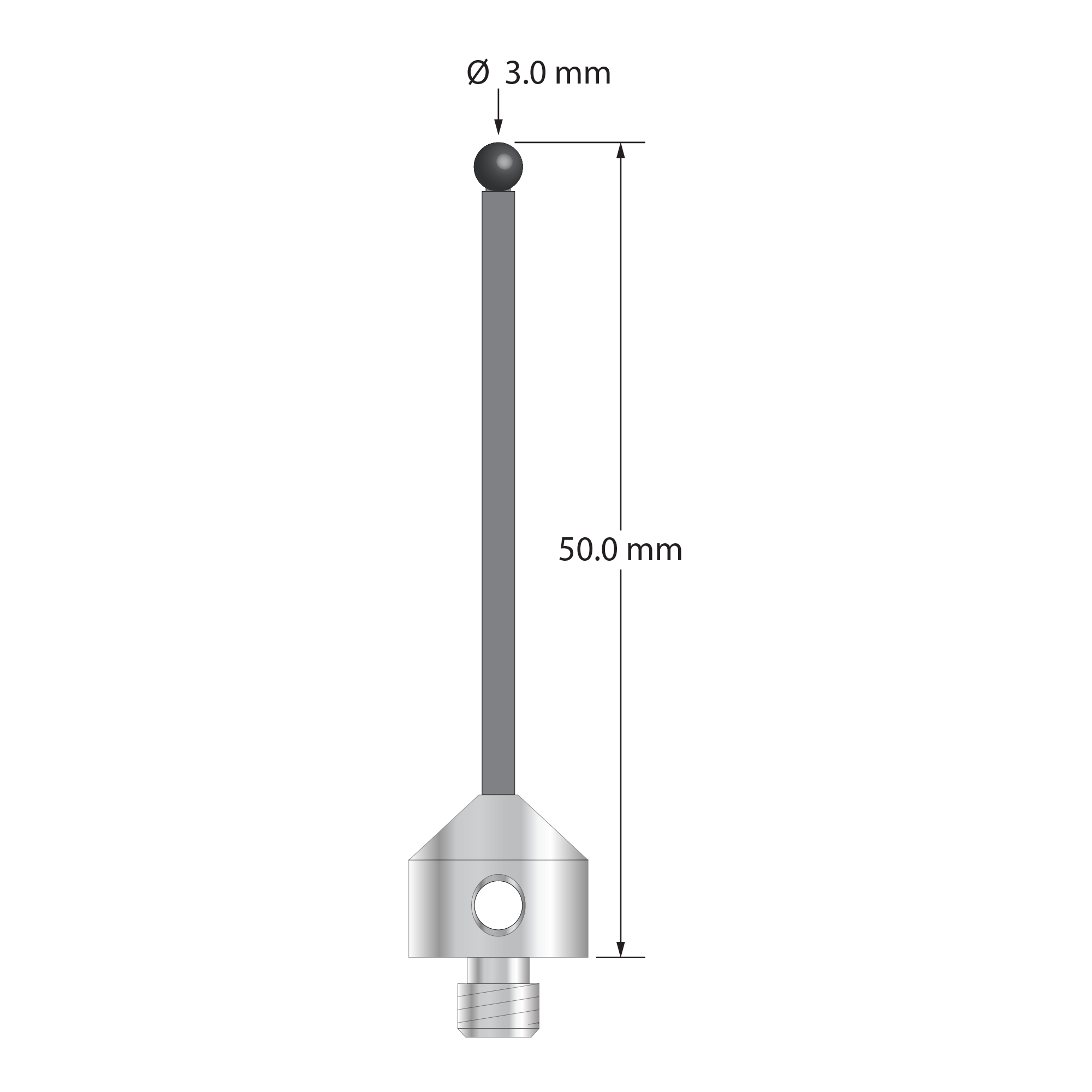 Low weight M5 stylus with 3.0 mm diameter silicon nitride ball, 2.0 mm diameter Therm-X carbon fiber stem, and 11.0 mm diameter x 10.0 mm long titanium base. Overall stylus length is 50.0 mm. Stylus weight is 3.45 grams.