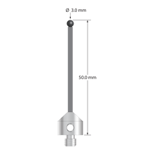 Low weight M5 stylus with 3.0 mm diameter silicon nitride ball, 2.0 mm diameter Therm-X carbon fiber stem, and 11.0 mm diameter x 10.0 mm long titanium base. Overall stylus length is 50.0 mm. Stylus weight is 3.45 grams.