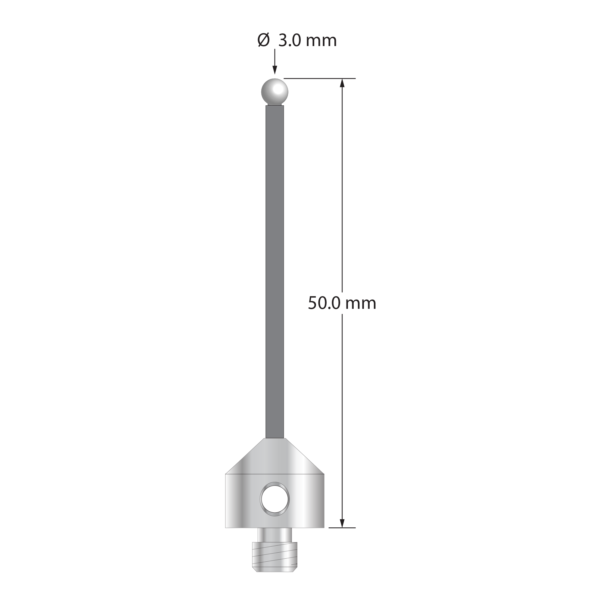 Low weight M5 stylus with 3.0 mm diameter zirconia ball, 2.0 mm diameter Therm-X carbon fiber stem, and 11.0 mm diameter x 10.0 mm long titanium base. Overall stylus length is 50.0 mm. Stylus weight is 3.45 grams.