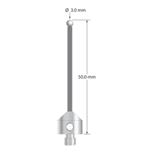 Low weight M5 stylus with 3.0 mm diameter zirconia ball, 2.0 mm diameter Therm-X carbon fiber stem, and 11.0 mm diameter x 10.0 mm long titanium base. Overall stylus length is 50.0 mm. Stylus weight is 3.45 grams.