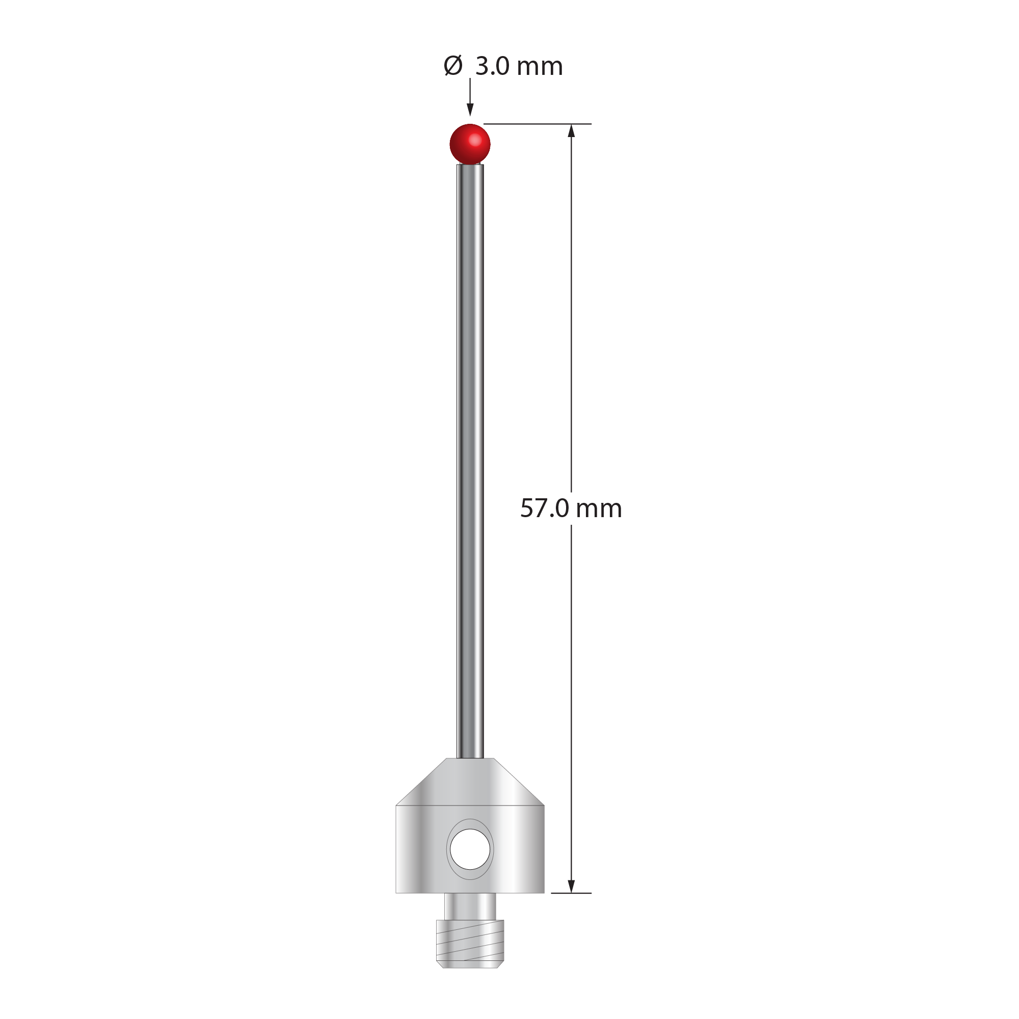 M5 stylus with 3.0 mm diameter ruby ball, 2.0 mm diameter carbide stem, and 11.0 mm diameter x 10.0 mm long stainless steel base. Overall stylus length is 57.0 mm. Stylus weight is 7.81 grams. Compare to Zeiss 626105-0304-057.