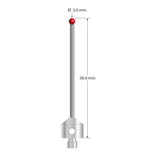 M5 stylus with 3.0 mm diameter ruby ball, 2.0 mm diameter carbide stem, 11.0 mm diameter x 10.0 mm long stainless steel base. Overall stylus length is 58.0 mm. Stylus weight is 7.86 grams. Compare to Zeiss 600342-8021-000 and Renishaw A-5555-0021.