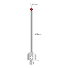 M5 stylus with 3.0 mm diameter ruby ball, 2.0 mm diameter carbide stem, 11.0 mm diameter x 10.0 mm long stainless steel base. Overall stylus length is 60.0 mm. Stylus weight is 7.95 grams. Compare to Zeiss 626105-0304-060.