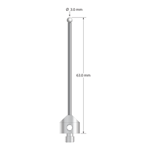 M5 stylus with 3.0 mm diameter zirconia ball, 2.0 mm diameter carbide stem, 11.0 mm diameter x 10.0 mm long stainless steel base. Overall stylus length is 63.0 mm. Stylus weight is 8.08 grams.