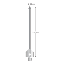 M5 stylus with 3.0 mm diameter solid diamond sphere, 2.0 mm diameter carbide stem, and 11.0 mm diameter x 10.0 mm long stainless steel base. Overall stylus length is 64.0 mm. Stylus weight is 8.12 grams. Compare to Zeiss 626115-0309-064.