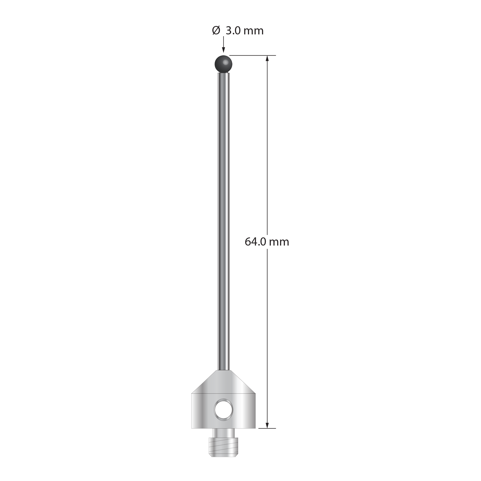 M5 stylus with 3.0 mm diameter silicon nitride ball, 2.0 mm diameter carbide stem, and 11.0 mm diameter x 10.0 mm long stainless steel base. Overall stylus length is 64.0 mm. Stylus weight is 8.13 grams. Compare to Zeiss 626115-0301-064.
