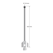 M5 stylus with 3.0 mm diameter silicon nitride ball, 2.0 mm diameter carbide stem, and 11.0 mm diameter x 10.0 mm long stainless steel base. Overall stylus length is 64.0 mm. Stylus weight is 8.13 grams. Compare to Zeiss 626115-0301-064.