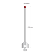 M5 stylus with 3.0 mm diameter ruby ball, 1.5 mm diameter carbide stem, 11.0 mm diameter x 10.0 mm long stainless steel base. Overall stylus length is 65.0 mm. Stylus weight is 7.11 grams. Compare to Zeiss 626115-0302-065.