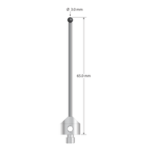 M5 stylus with 3.0 mm diameter silicon nitride ball, 2.0 mm diameter carbide stem, 11.0 mm diameter x 10.0 mm long stainless steel base. Overall stylus length is 65.0 mm. Stylus weight is 8.17 grams. Compare to Zeiss 626105-0305-065.