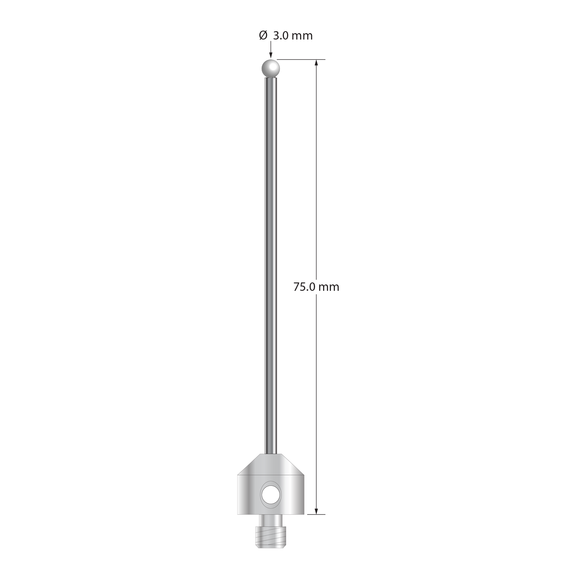 M5 stylus with 3.0 mm diameter zirconia ball, 2.0 mm diameter carbide stem, and 11.0 mm diameter x 10.0 mm long stainless steel base. Overall stylus length is 75.0 mm. Stylus weight is 8.62 grams.