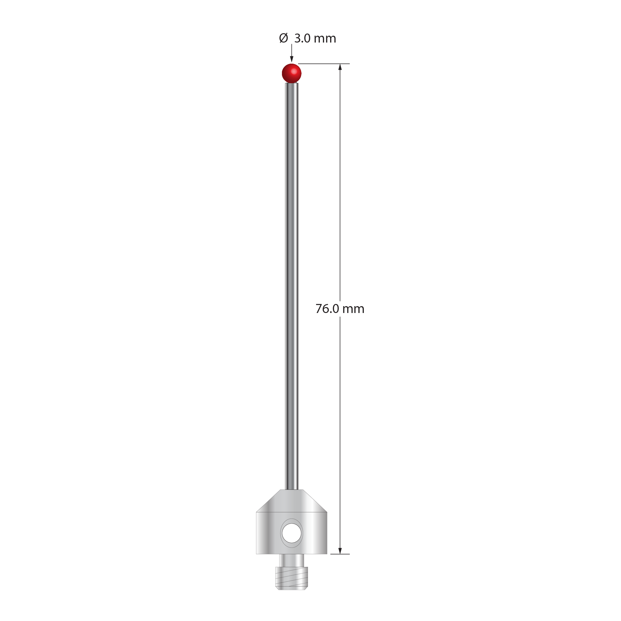 M5 stylus with 3.0 mm diameter ruby ball, 2.0 mm diameter carbide stem, and 11.0 mm diameter x 10.0 mm long stainless steel base. Overall stylus length is 76.0 mm. Stylus weight is 8.66 grams. Compare to Zeiss 626105-0304-076.