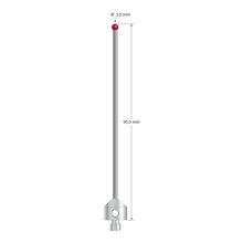M5 stylus with 3.0 mm diameter ruby ball, 2.0 mm diameter carbide stem, and 11.0 mm diameter x 10.0 mm long stainless steel base. Overall stylus length is 90.0 mm. Stylus weight is 9.29 grams. Compare to Zeiss 626115-0300-090.
