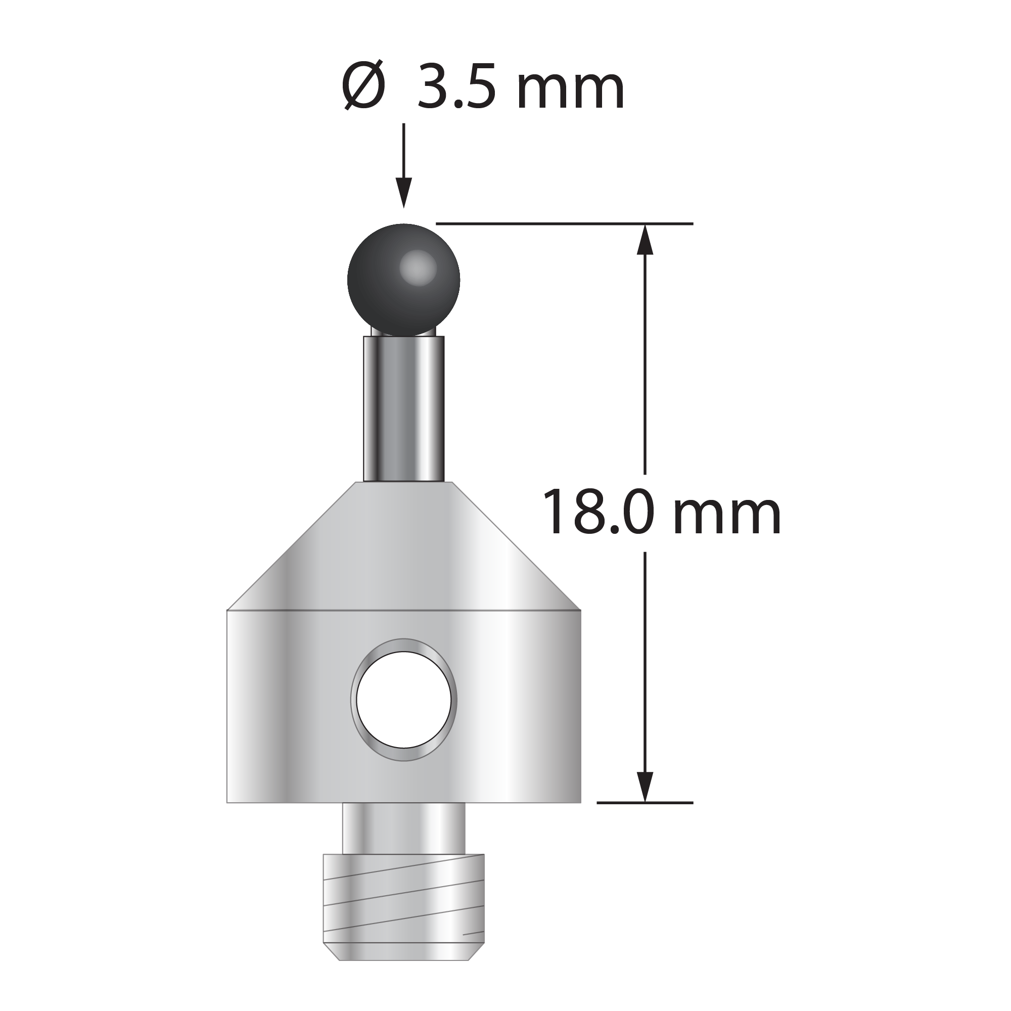 M5 stylus with 3.5 mm diameter silicon nitride ball, 2.5 mm diameter carbide stem, and 11.0 mm diameter x 10.0 mm long stainless steel base. Overall stylus length is 18.0 mm. Stylus weight is 6.14 grams.