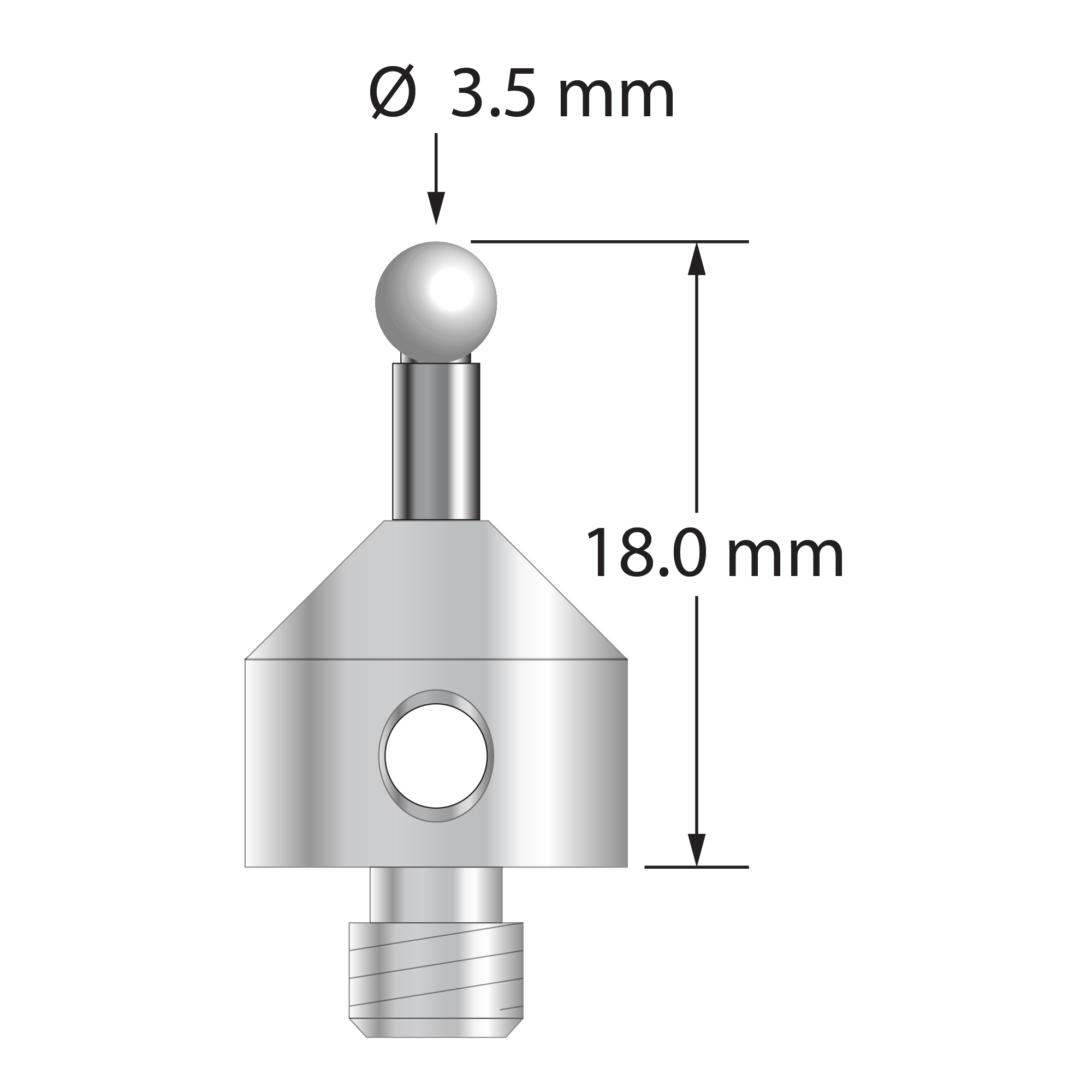 M5 stylus with 3.5 mm diameter zirconia ball, 2.5 mm diameter carbide stem, and 11.0 mm diameter x 10.0 mm long stainless steel base. Overall stylus length is 18.0 mm. Stylus weight is 6.14 grams.