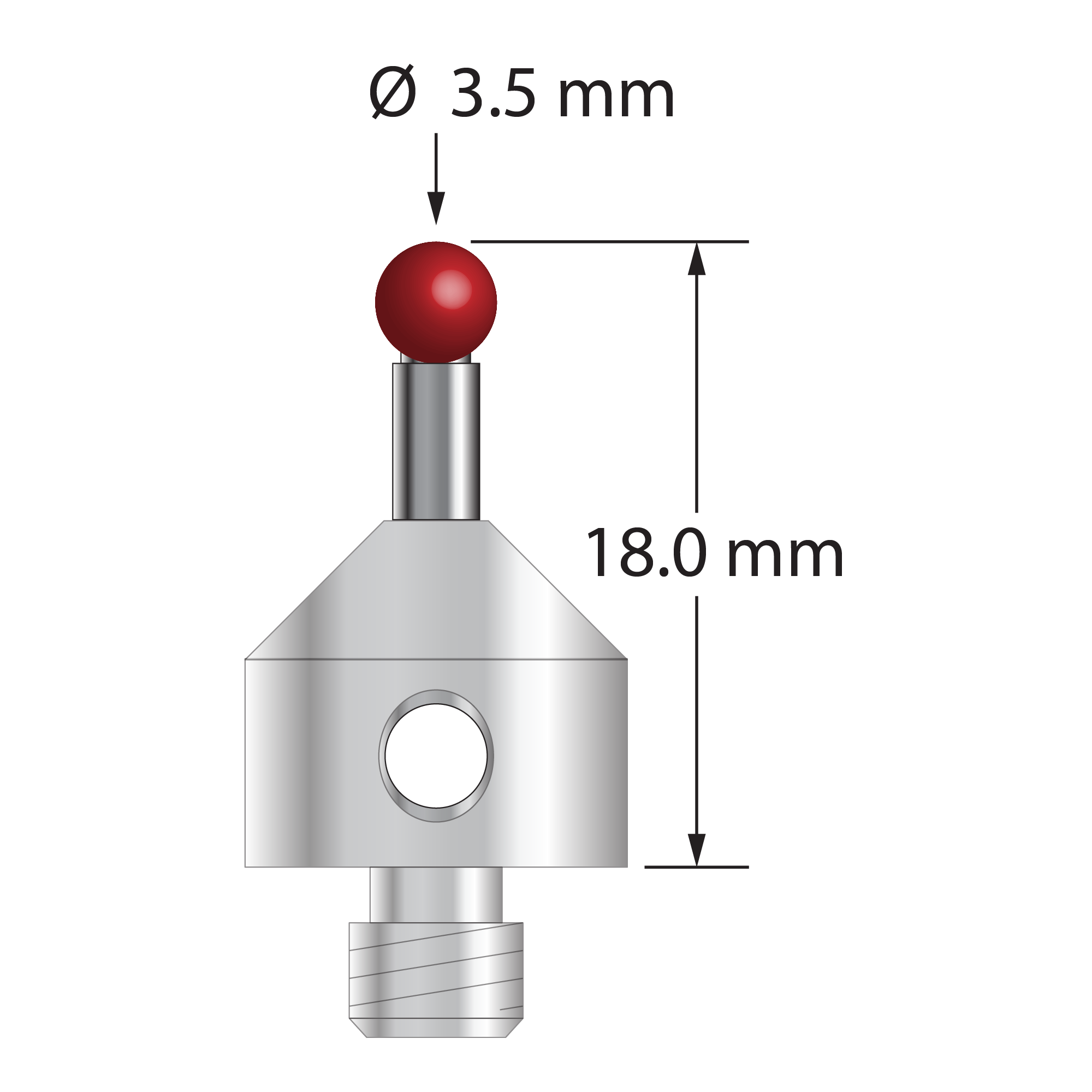 M5 stylus with 3.5 mm diameter ruby ball, 2.5 mm diameter carbide stem, and 11.0 mm diameter x 10.0 mm long stainless steel base. Overall stylus length is 18.0 mm. Stylus weight is 6.14 grams.