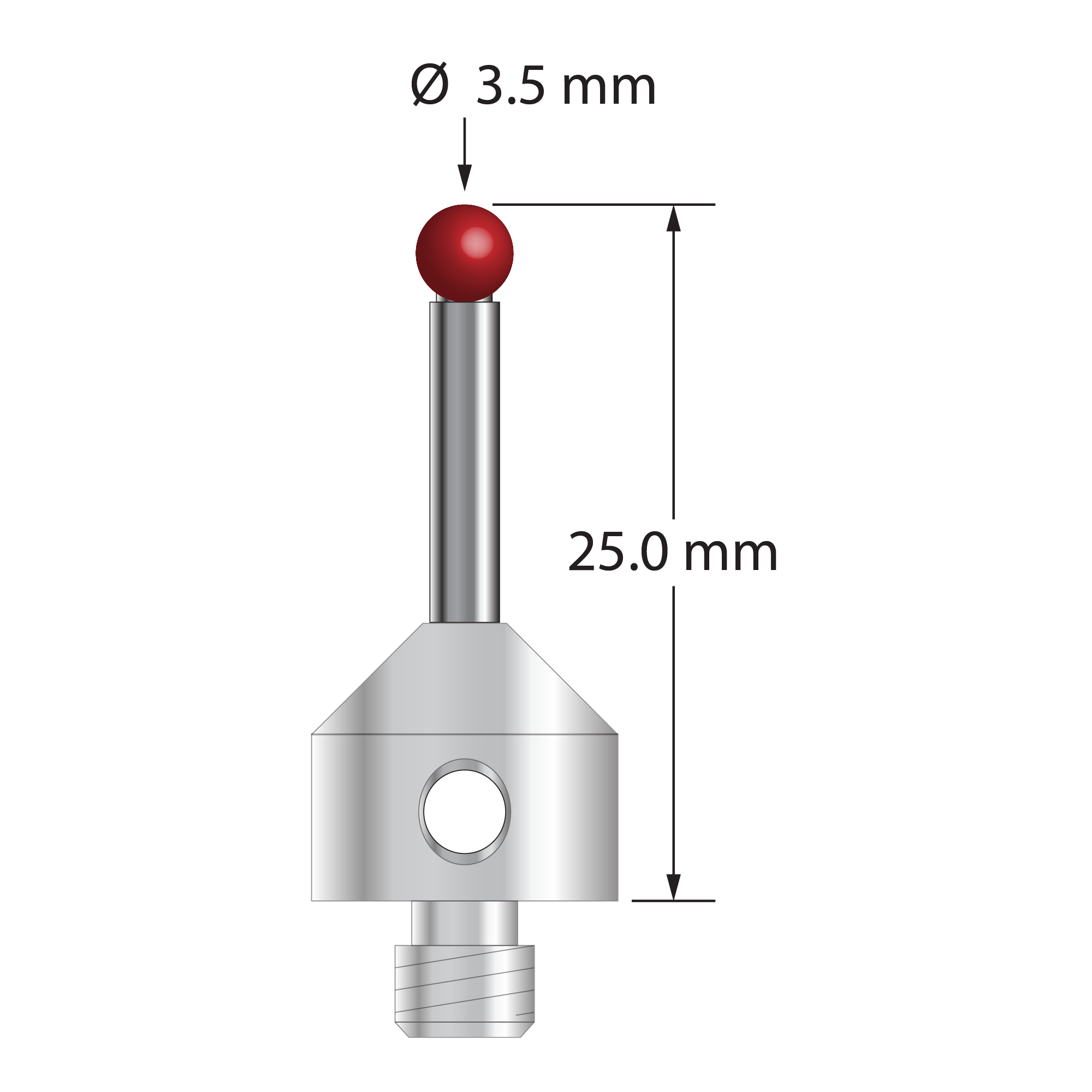 M5 stylus with 3.5 mm diameter ruby ball, 2.5 mm diameter carbide stem, and 11.0 mm diameter x 10.0 mm long stainless steel base. Overall stylus length is 25.0 mm. Stylus weight is 6.79 grams.