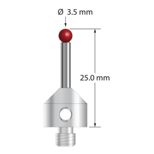 M5 stylus with 3.5 mm diameter ruby ball, 2.5 mm diameter carbide stem, and 11.0 mm diameter x 10.0 mm long stainless steel base. Overall stylus length is 25.0 mm. Stylus weight is 6.79 grams.