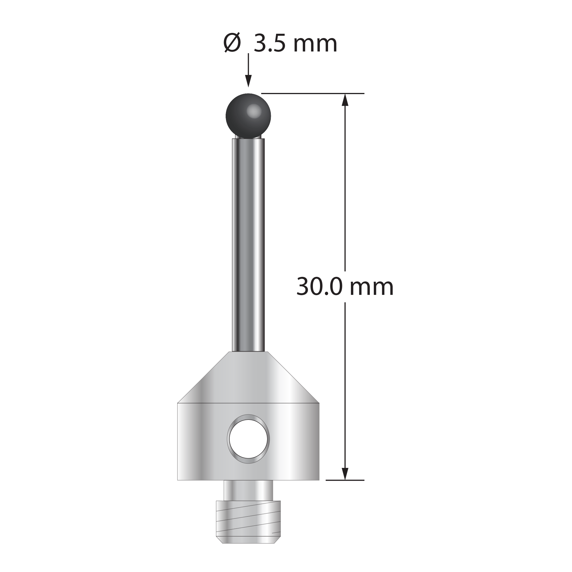 M5 stylus with 3.5 mm diameter silicon nitride ball, 2.5 mm diameter carbide stem, and 11.0 mm diameter x 10.0 mm long stainless steel base. Overall stylus length is 30.0 mm. Stylus weight is 6.96 grams.