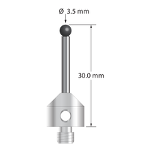 M5 stylus with 3.5 mm diameter silicon nitride ball, 2.5 mm diameter carbide stem, and 11.0 mm diameter x 10.0 mm long stainless steel base. Overall stylus length is 30.0 mm. Stylus weight is 6.96 grams.