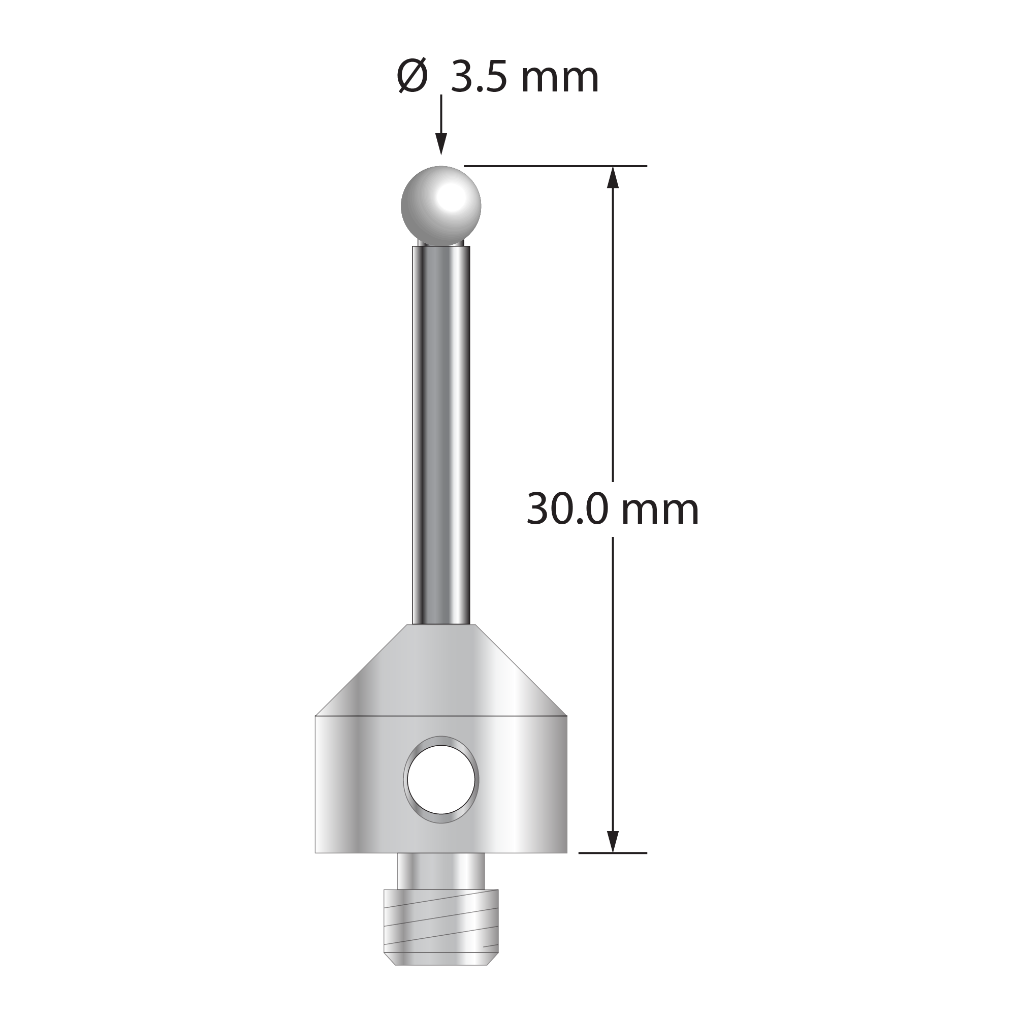 M5 stylus with 3.5 mm diameter zirconia ball, 2.5 mm diameter carbide stem, and 11.0 mm diameter x 10.0 mm long stainless steel base. Overall stylus length is 30.0 mm. Stylus weight is 6.96 grams.