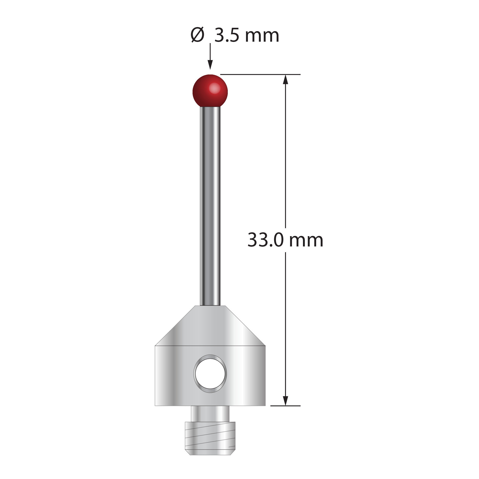 M5 stylus with 3.5 mm diameter ruby ball, 2.0 mm diameter carbide stem, and 11.0 mm diameter x 10.0 mm long stainless steel base. Overall stylus length is 33.0 mm. Stylus weight is 6.63 grams.