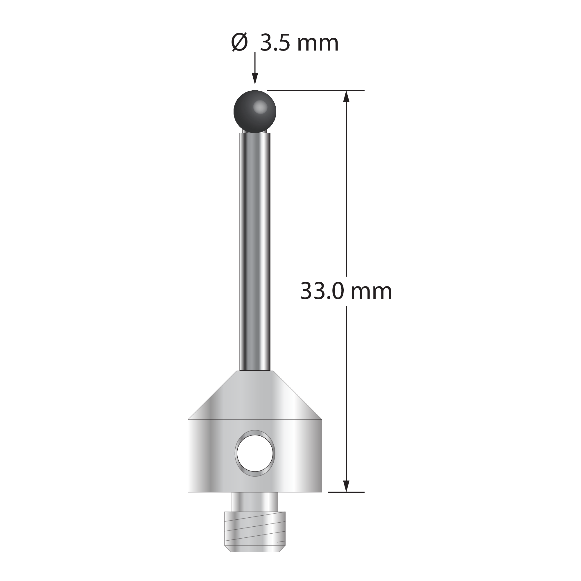 M5 stylus with 3.5 mm diameter silicon nitride ball, 2.5 mm diameter carbide stem, and 11.0 mm diameter x 10.0 mm long stainless steel base. Overall stylus length is 33.0 mm. Stylus weight is 7.16 grams.
