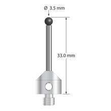M5 stylus with 3.5 mm diameter silicon nitride ball, 2.5 mm diameter carbide stem, and 11.0 mm diameter x 10.0 mm long stainless steel base. Overall stylus length is 33.0 mm. Stylus weight is 7.16 grams.
