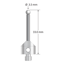 M5 stylus with 3.5 mm diameter zirconia ball, 2.5 mm diameter carbide stem, and 11.0 mm diameter x 10.0 mm long stainless steel base. Overall stylus length is 33.0 mm. Stylus weight is 7.16 grams.